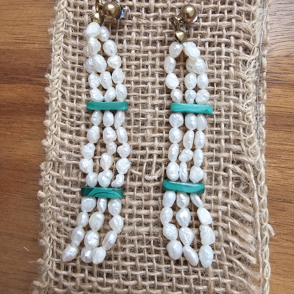 Malachite & Fresh Water Pearl Long  Multiple Row Dangle Bead Pierced Earrings